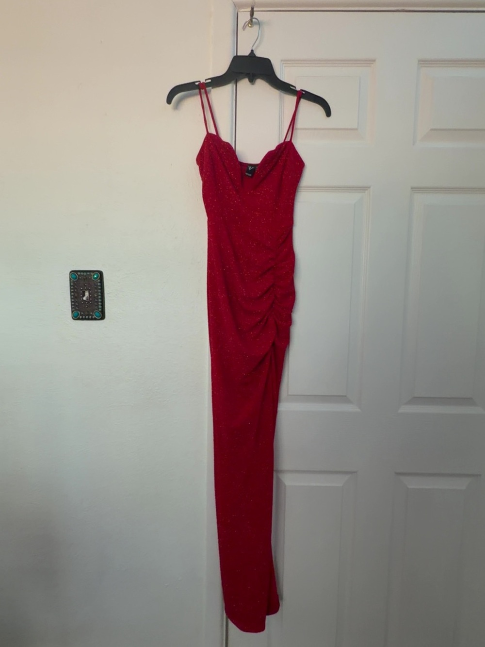 Windsor Red Sparkle Ruched Spaghetti Strap Maxi Dress
